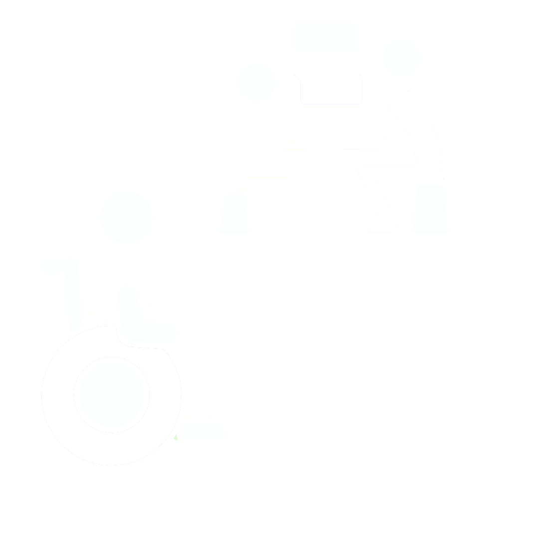 person in wheelchair, two people sat at desk and an open book 