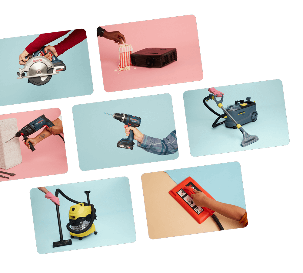 A selection of tools, including a drill, wallpaper steamer, carpet washer, rotary saw.