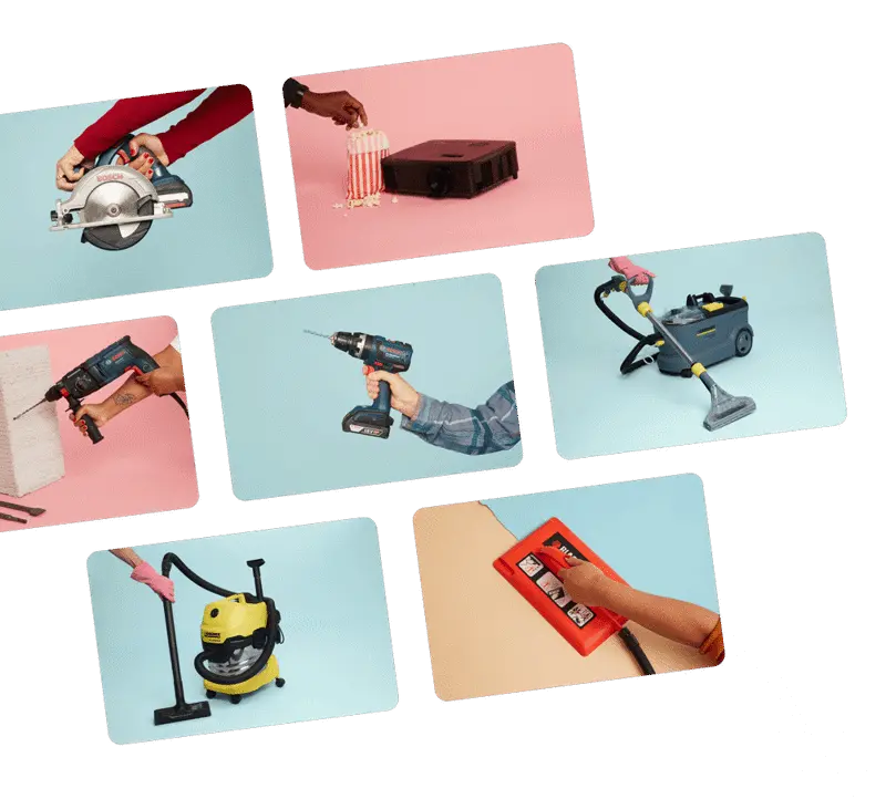 A selection of tools, including a drill, wallpaper steamer, carpet washer, rotary saw.