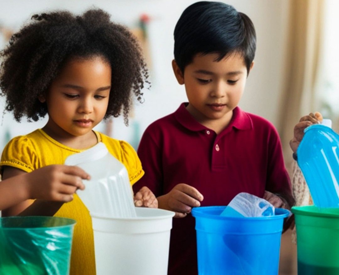 Boy and girl play with plastic bottles and buckets