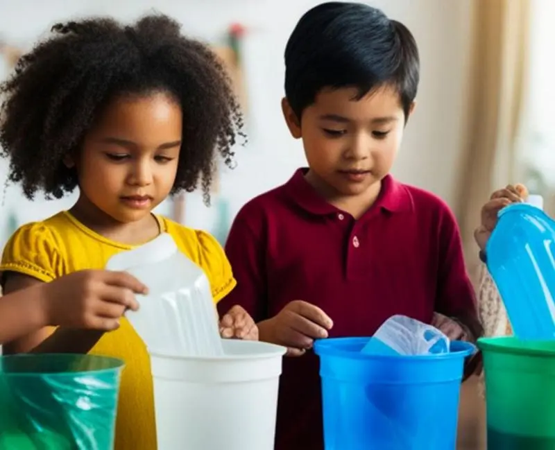 Boy and girl play with plastic bottles and buckets