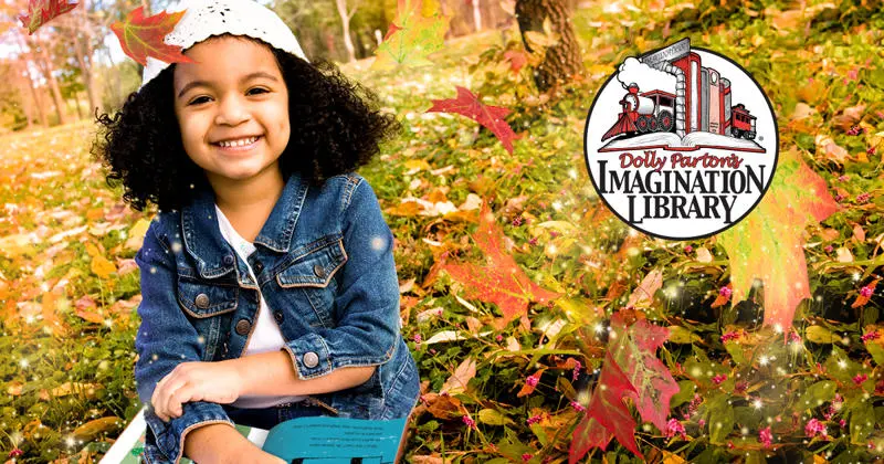Girl sat reading in the woods surrounded by falling leaves