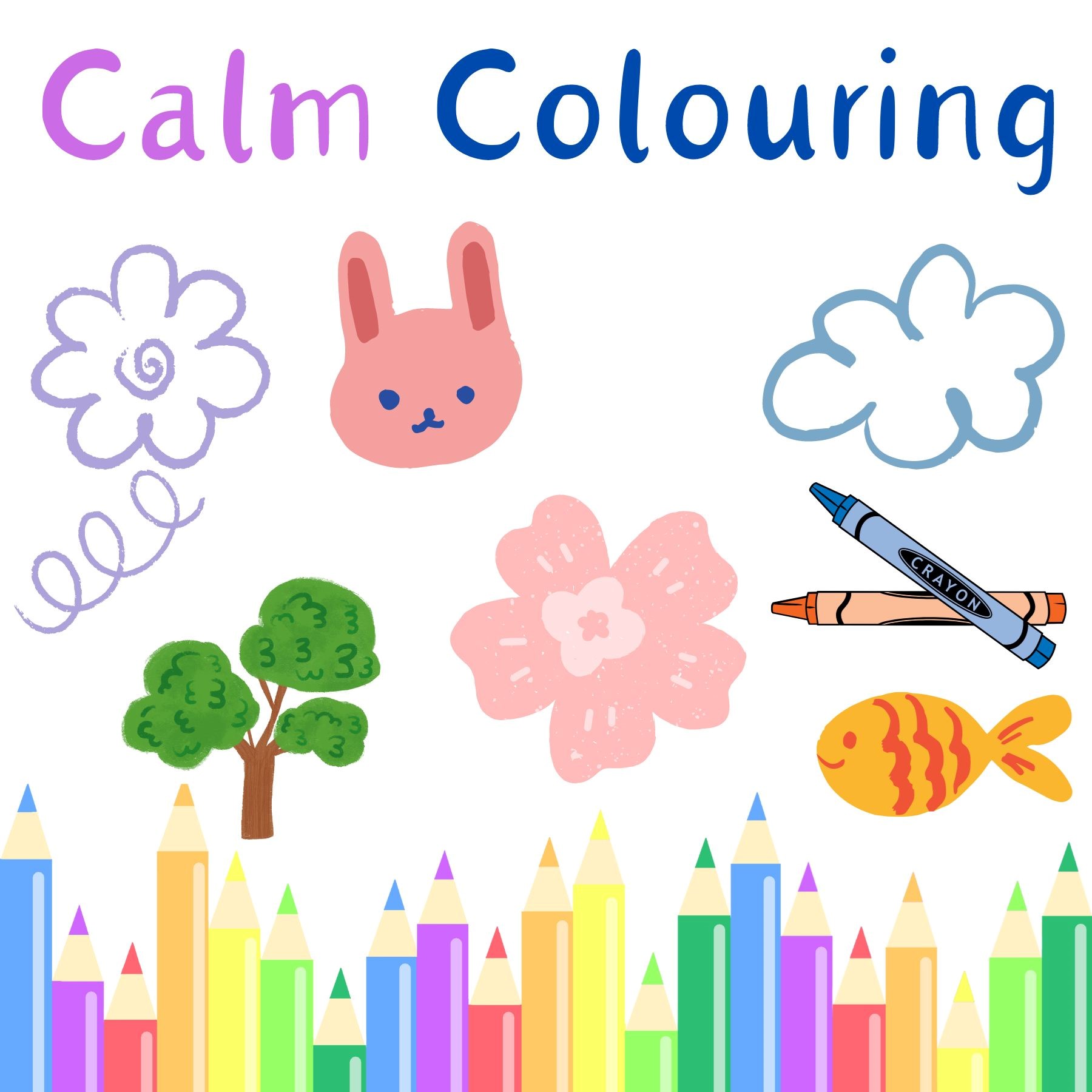 Cartoon images of flowers, squiggles, a rabbit's face, and pencils and pens