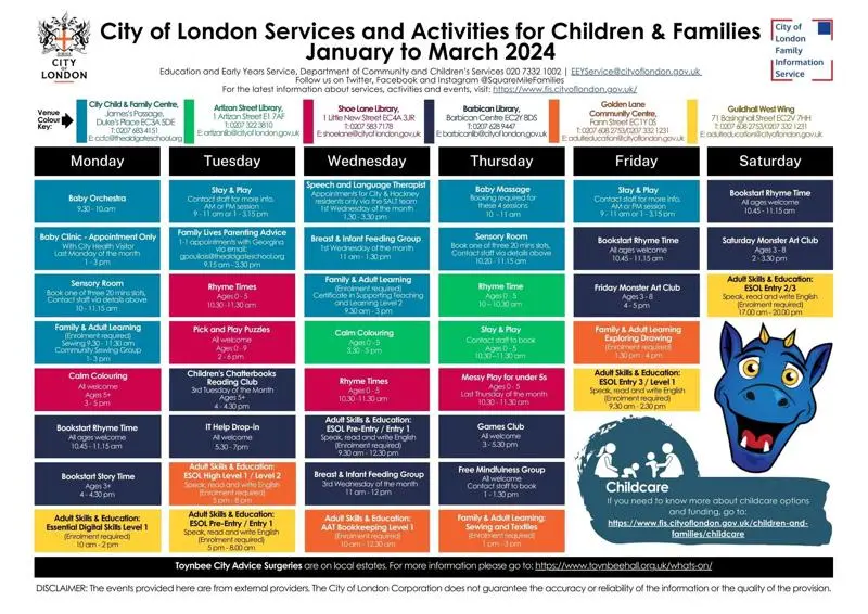 Spring 2024 activities timetable for children and families in and around the Square Mile