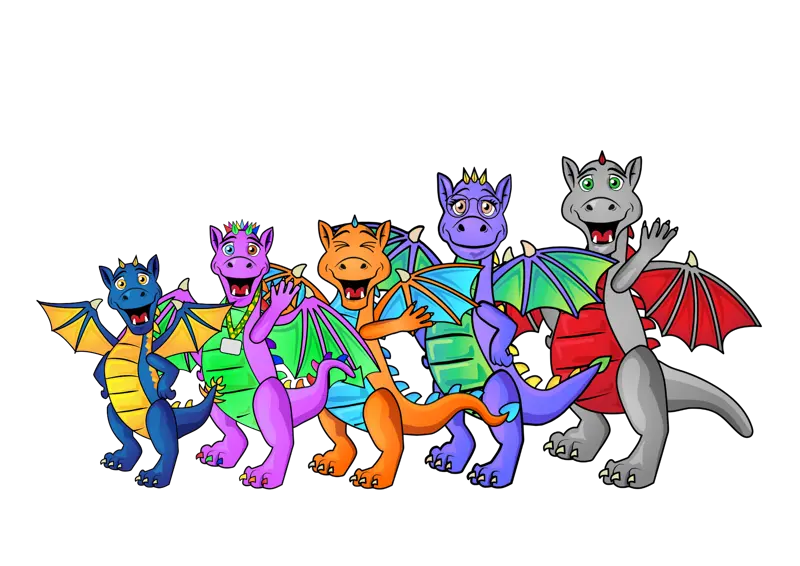 A colourful family of 5 cartoon dragons stood in a line