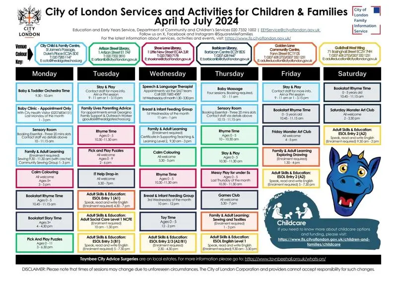City of London activities timetable for children and families, April - July 2024