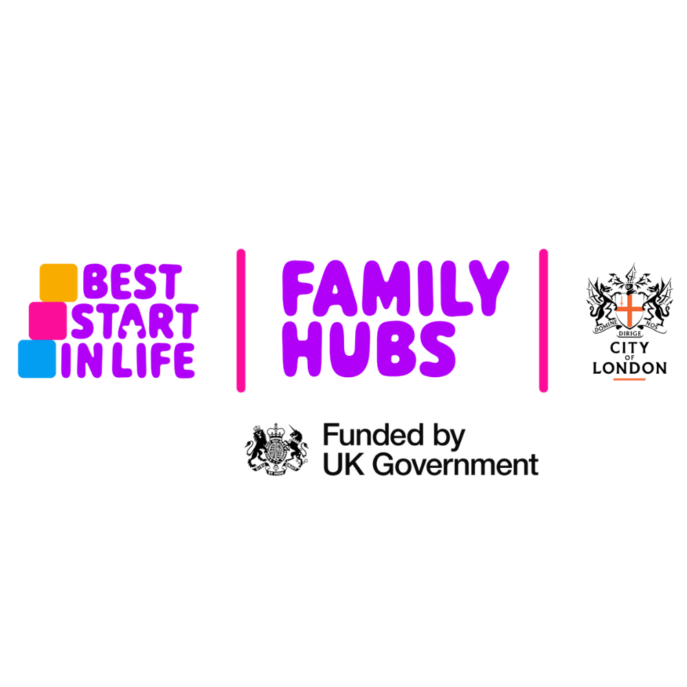 Best Start Family Hubs logo with City of London logo and Funded by UK Government logo