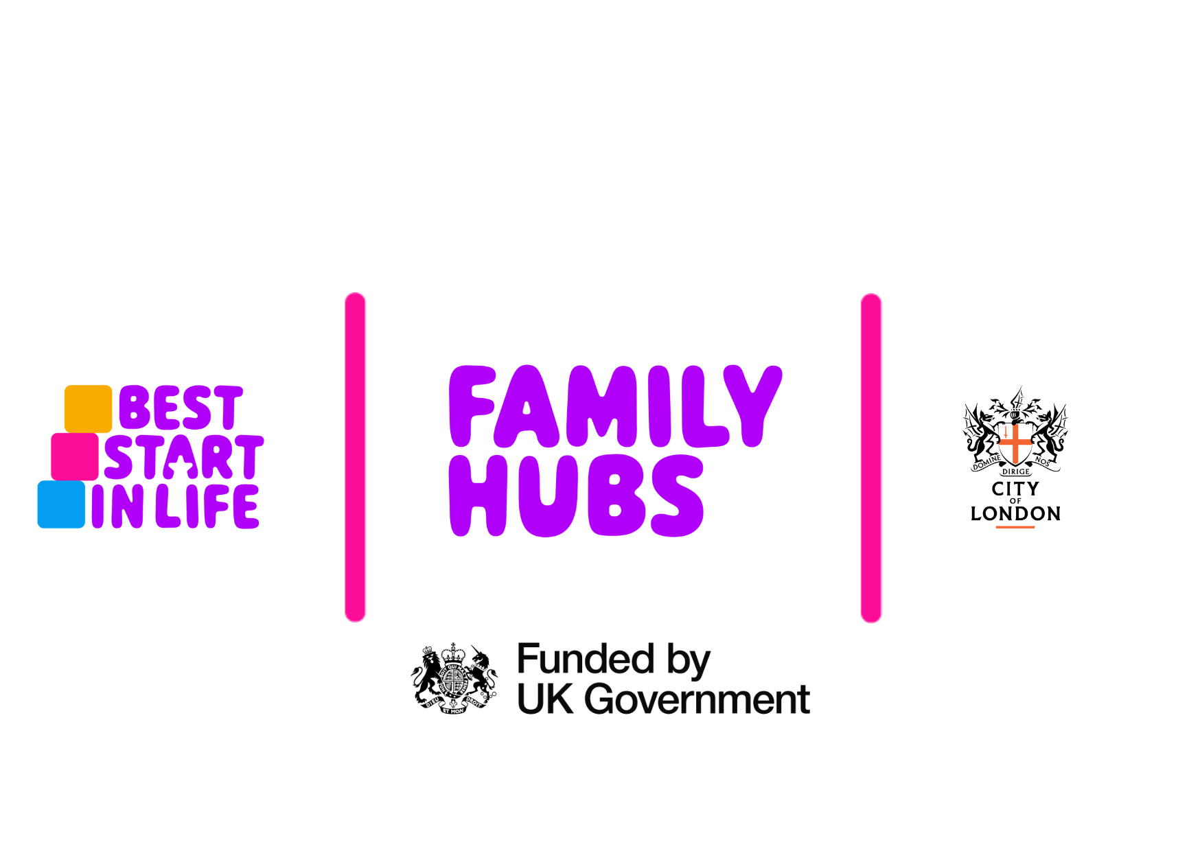 Best Start Family Hubs logo with City of London logo and Funded by UK Government logo