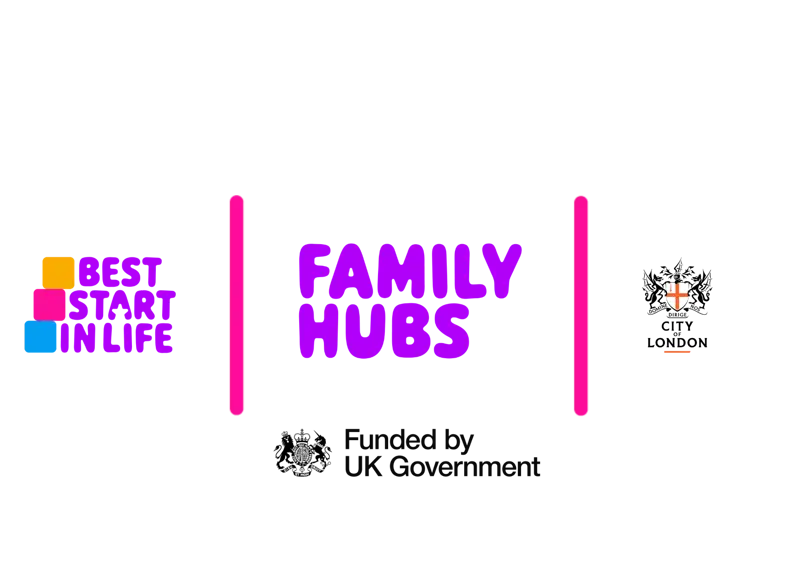 Best Start Family Hubs logo with City of London logo and Funded by UK Government logo