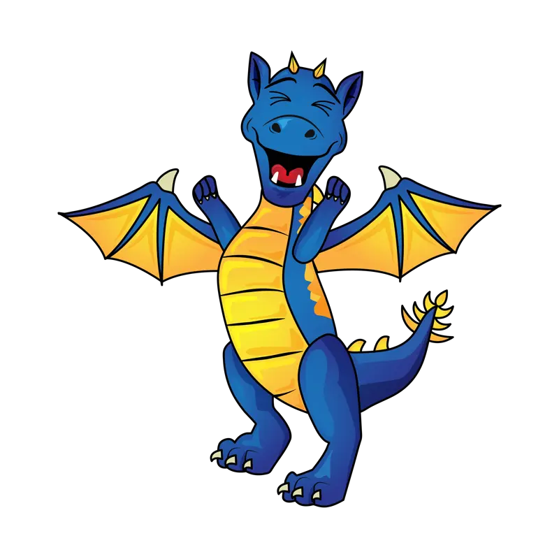 Coltale, the dragon, smiling with arms up