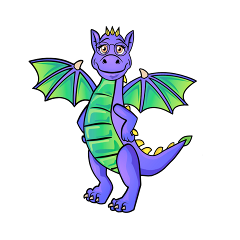 Guida is a green and purple dragon with round-rimmed glasses
