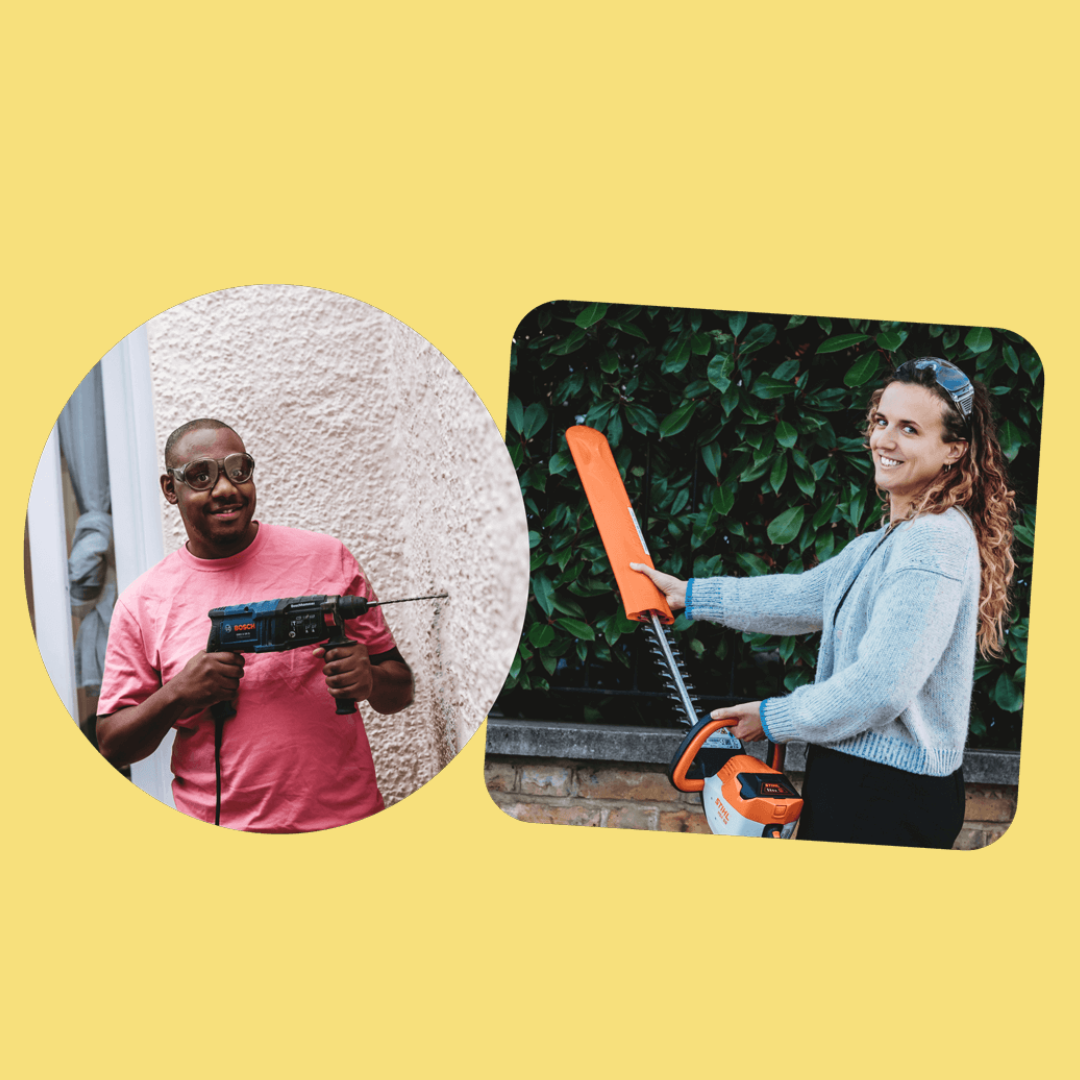 Man holding electric drill stood next to wall. Woman holding strimmer next to bush.