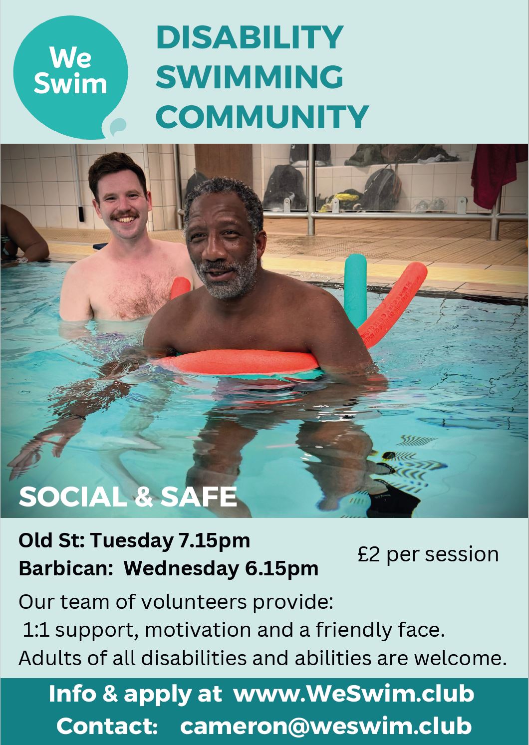 Two mean in swimming pool supported by floats